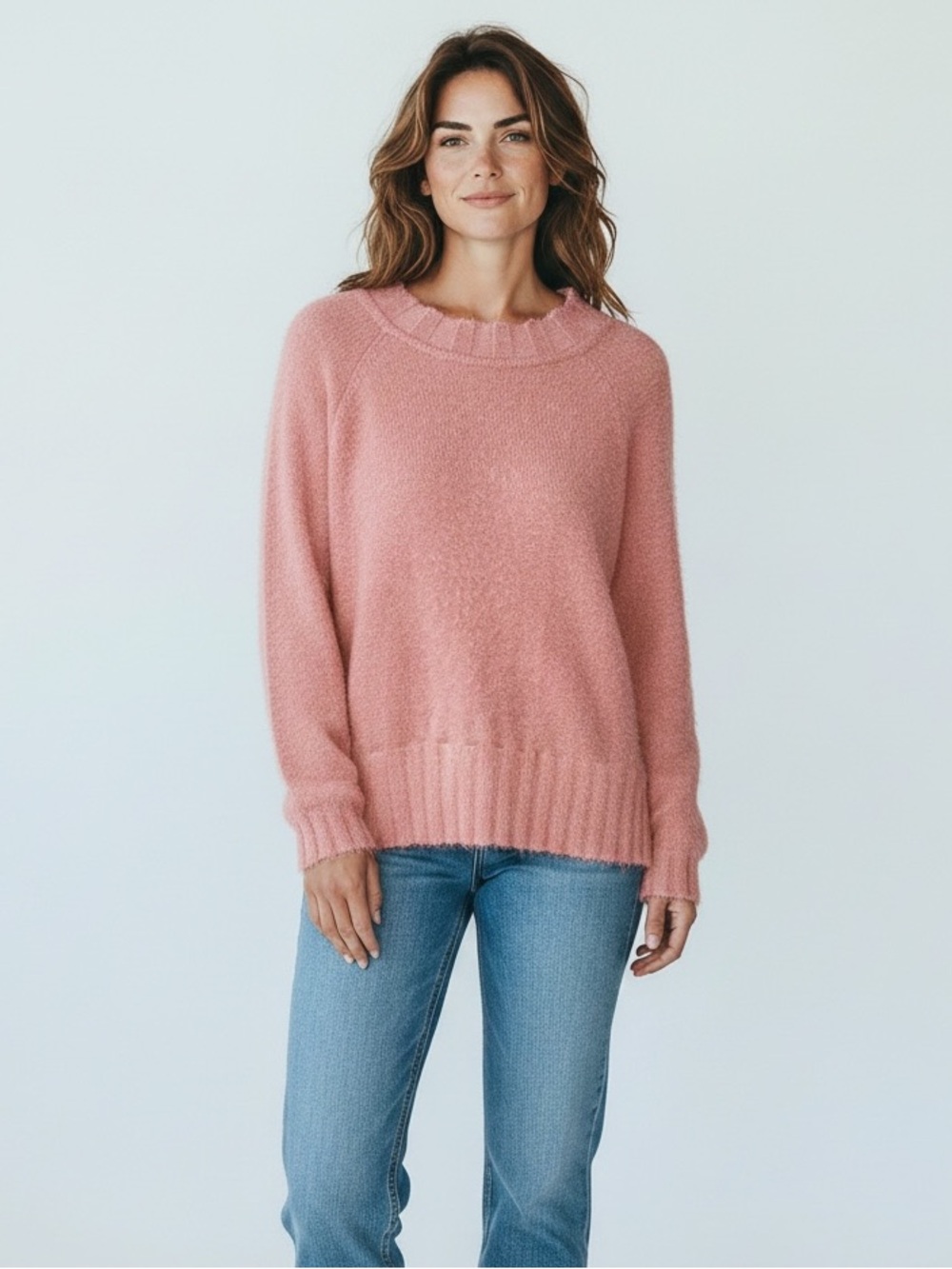 Knot Sisters Womens Eyelash Knit Fuzzy Sweater Peach Pink Crew Neck NWT Size L